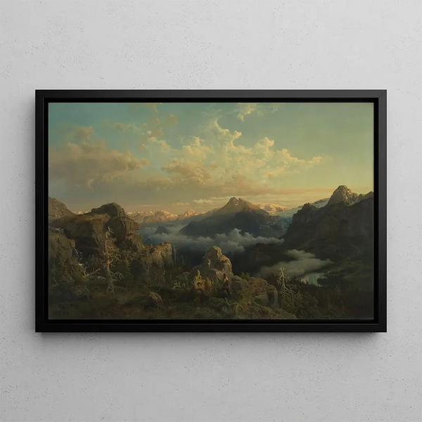 Norwegian Highlands at Sunrise - Hans Gude — framed artwork on a wall
