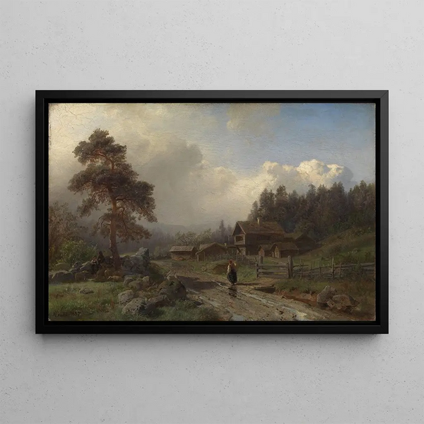 Norwegian Landscape Painting under the Rain - Hans Gude — framed artwork on a wall