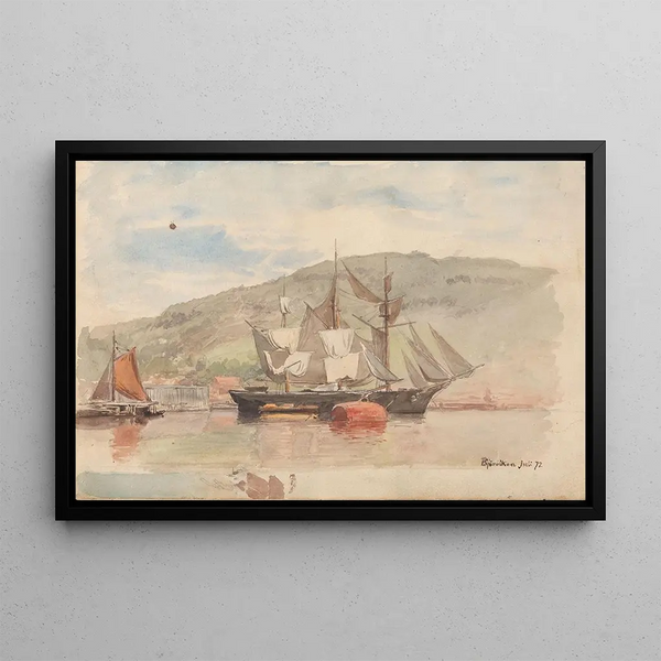 Ship at Bjørvika - Hans Gude — framed artwork on a wall