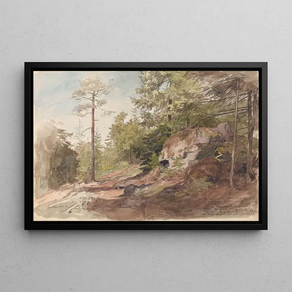 Interior forest painting at Sarabråten - Hans Gude — framed artwork on a wall