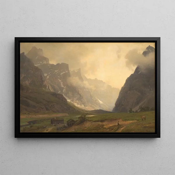 the Troll Peaks in Romsdalen, at the foot of Romsdalshorn on the right - Hans Gude — framed artwork on a wall