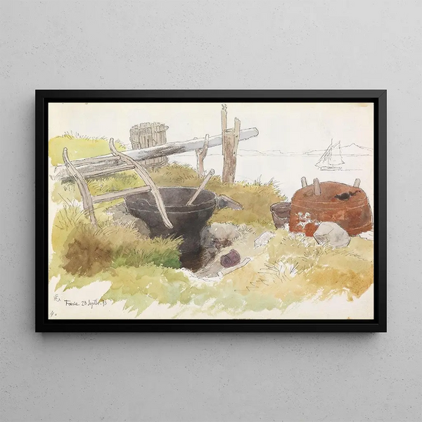 Place of washing on the beach of Feste - Hans Gude — framed artwork on a wall