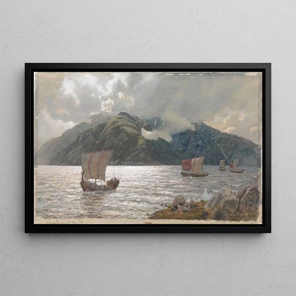 Viking Ships Painting - Hans Gude — framed artwork on a wall