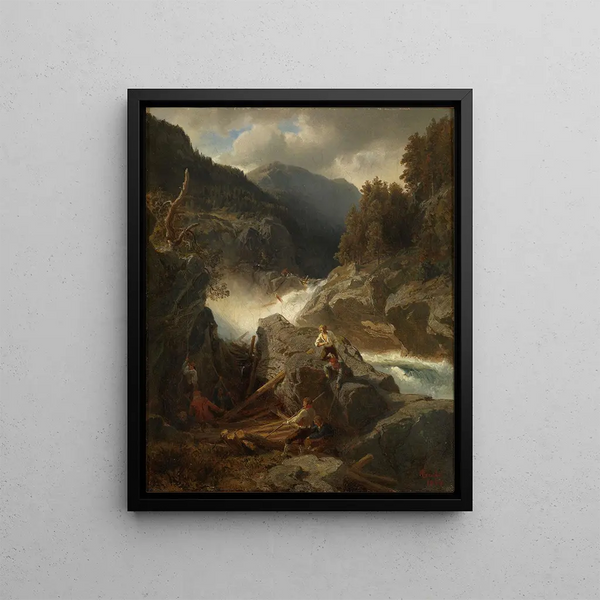 Cascade à Hallingdal - Hans Gude — framed artwork on a wall