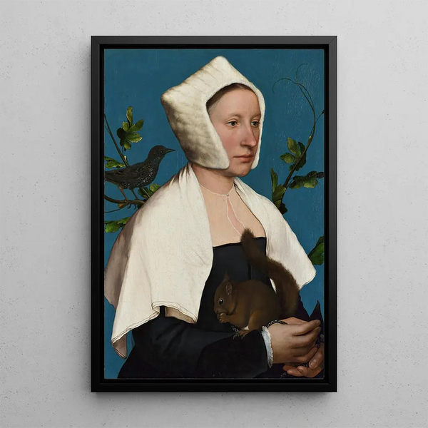 a lady with a squirrel and a starling - Hans Holbein the Younger — framed artwork on a wall