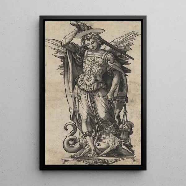 L'Archange Michel en peseur d'âmes - Hans Holbein le Jeune — framed artwork on a wall