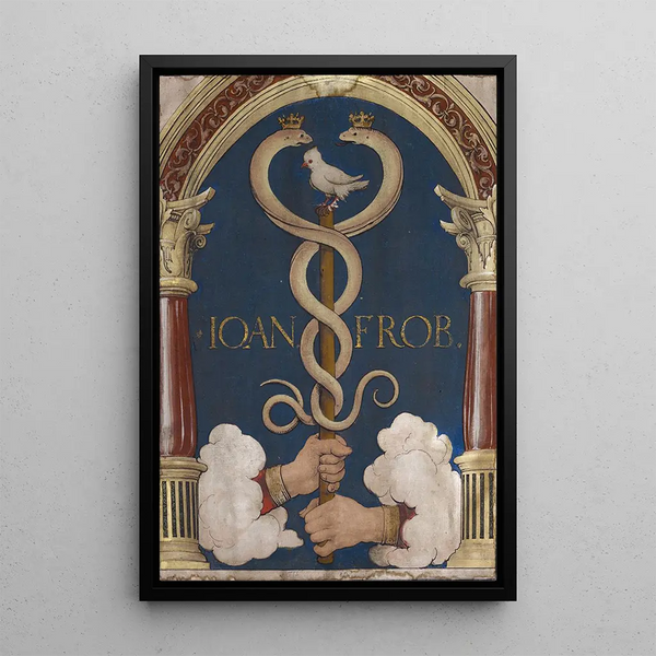 Emblem of the Basel book printer Johann Froben - Hans Holbein the Younger — framed artwork on a wall