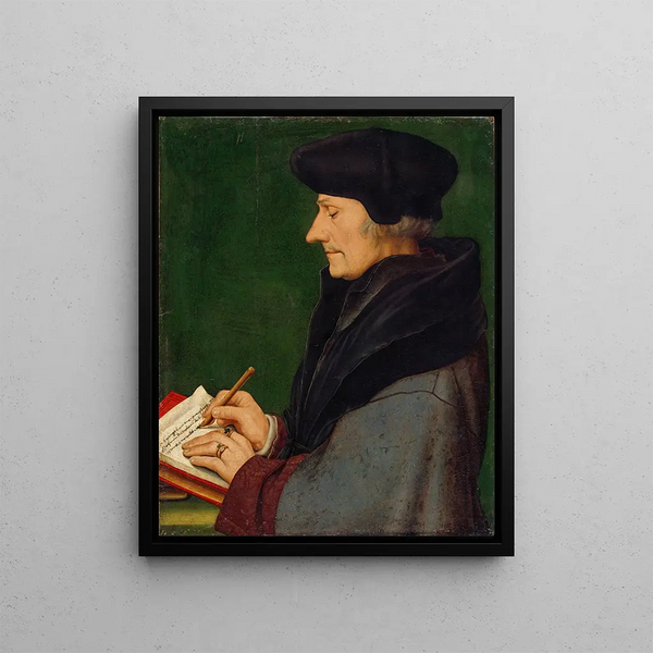 Portrait of Erasmus of Rotterdam Writing - Hans Holbein the Younger — framed artwork on a wall