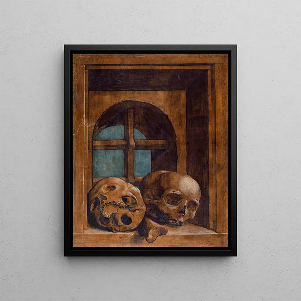 Two Skulls in a Window Niche - Hans Holbein the Younger — framed artwork on a wall