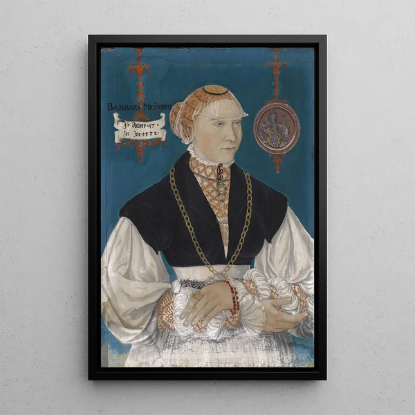 Portrait of Barbara Meyer zum Pfeil, wife of Hans Rispach - Hans Hug Kluber — framed artwork on a wall
