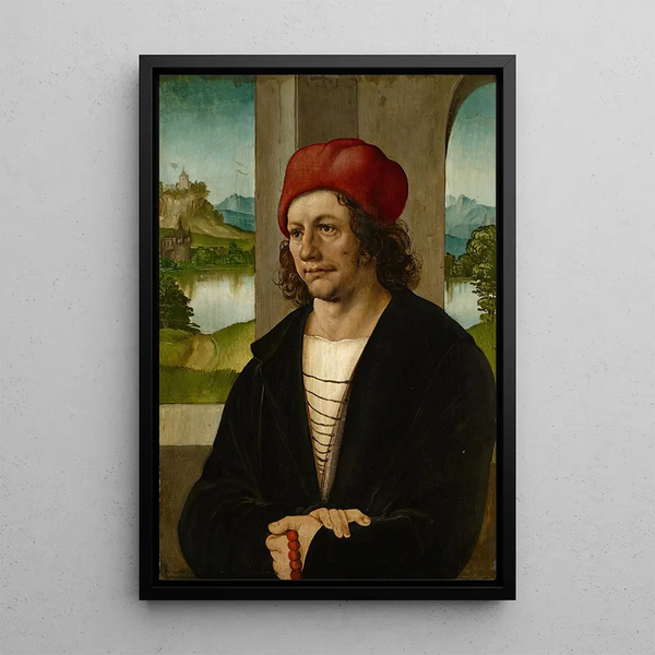 Portrait of a man with a red hat - Hans Leonhard Schäufelein — framed artwork on a wall