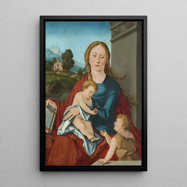 Virgin and Child with the Little Saint John the Baptist - Hans Leonhard Schäufelein — framed artwork on a wall