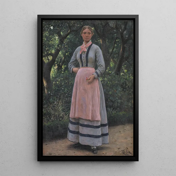 Young girl in a garden - Hans Michael Therkildsen — framed artwork on a wall