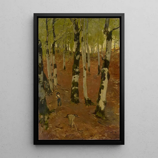 Bosquet de hêtres à Gruyères avec ramasseur de bois - Hans Sandreuter — framed artwork on a wall