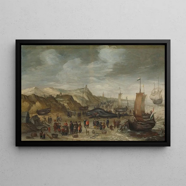 a Sperm Whale stranded on the beach in Noordwijk on December 28, 1614 - Hans Savery the Elder — framed artwork on a wall