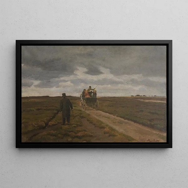Landscape painting of a moor with a diligence - Hans Smidth — framed artwork on a wall