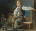 a young boy on a bench with flower pots and a wicker basket - Hans Thoma — artwork view