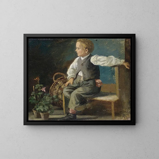 a young boy on a bench with flower pots and a wicker basket - Hans Thoma — framed artwork on a wall
