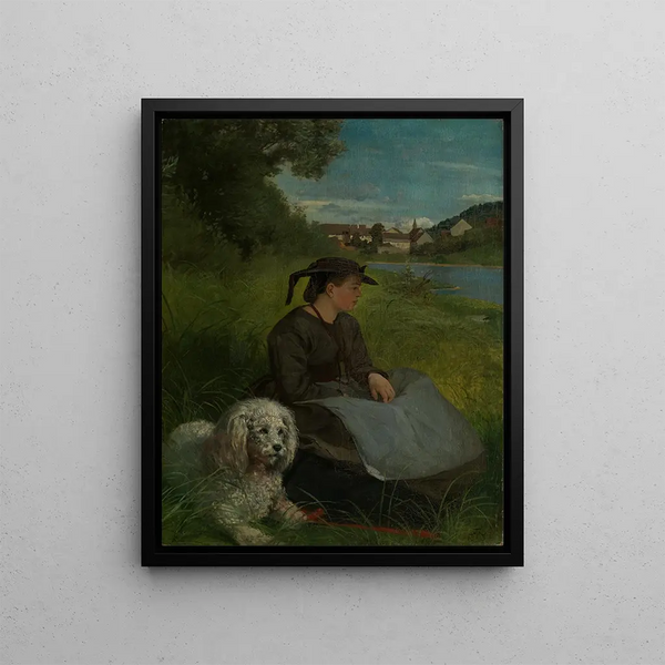 Agathe with a white dog - Hans Thoma — framed artwork on a wall