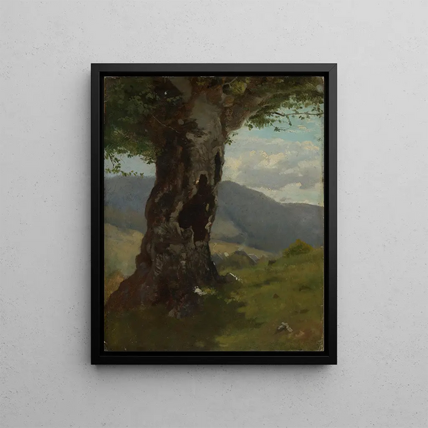 Old tree trunk with view of the valley - Hans Thoma — framed artwork on a wall