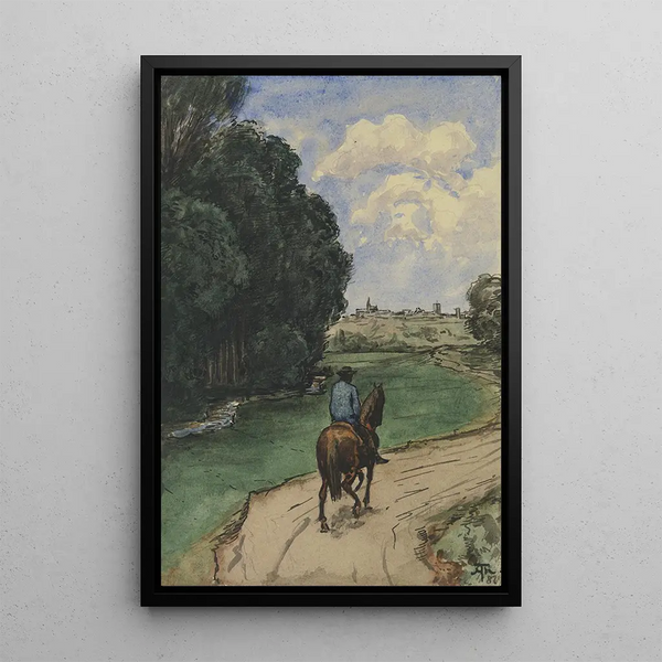 Cavalier sur un chemin en lisière de forêt - Hans Thoma — framed artwork on a wall