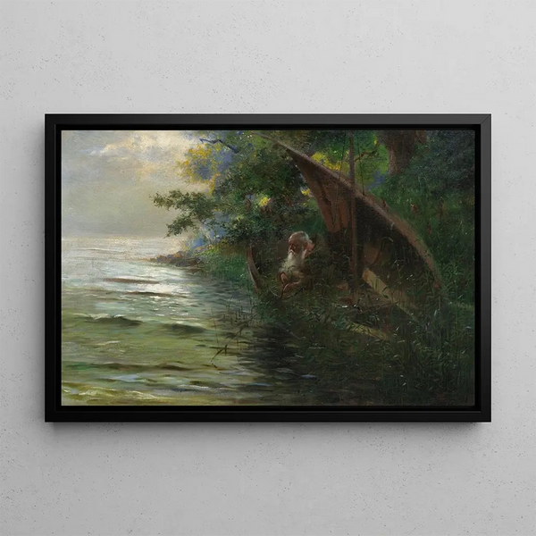 Hunting Priest in a Canoe by the Lake Watching Ducks - Hans Thoma — framed artwork on a wall