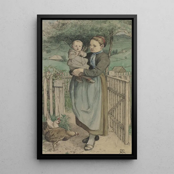 Young Peasant Woman with a Child in Her Arms Standing by a Wooden Fence - Hans Thoma — framed artwork on a wall