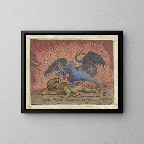 Dragon and lion - Hans Thoma — framed artwork on a wall