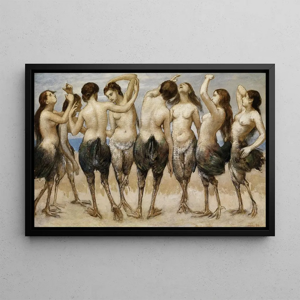 Eight women dancing with bird bodies - Hans Thoma — framed artwork on a wall