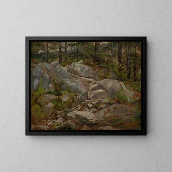 Blocks of stone with fir trunks - Hans Thoma — framed artwork on a wall