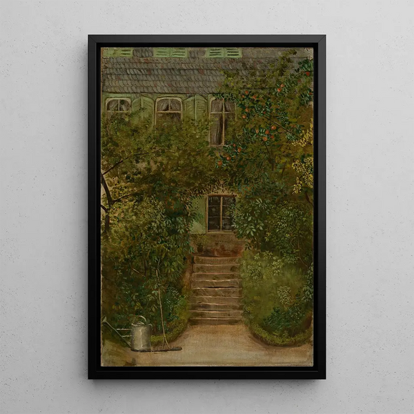 Garden of a country house with watering can and rake - Hans Thoma — framed artwork on a wall