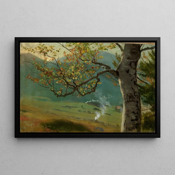 Autumn Tree Painting in front of a valley - Hans Thoma — framed artwork on a wall