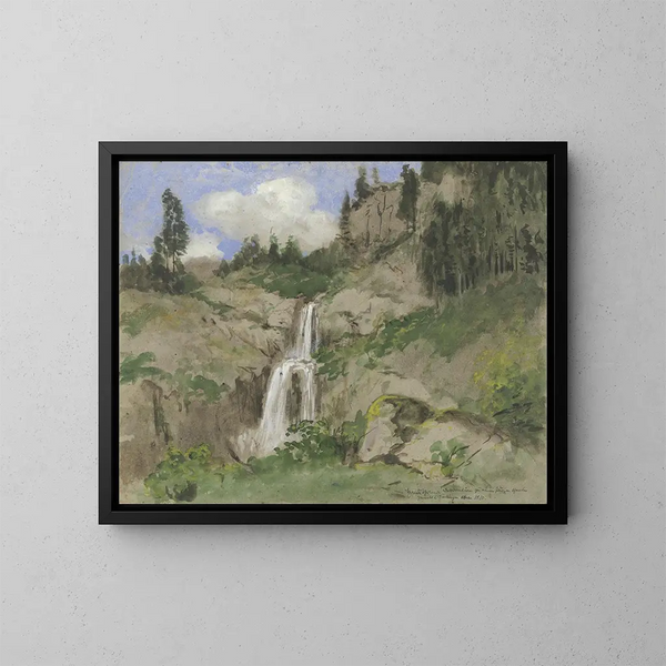 Landscape painting with waterfall, decoration for a puppet theater - Hans Thoma — framed artwork on a wall