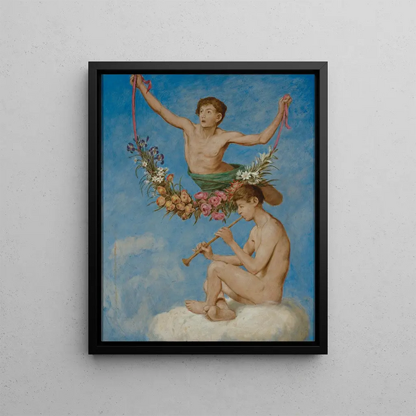 Que deux jeunes génies avec des fleurs - Hans Thoma — framed artwork on a wall