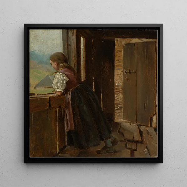 Girl on the arbor of a peasant house - Hans Thoma — framed artwork on a wall