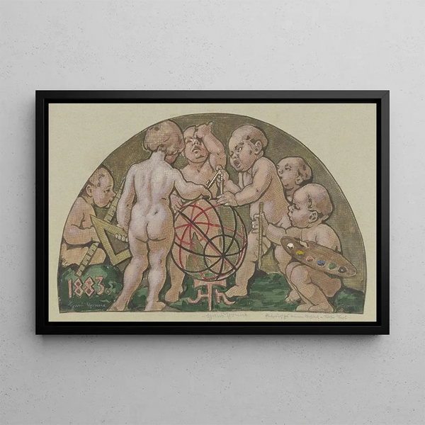 Putti with armillary sphere painting from the mosaic destroyed at the Zum Kaiser Karl house at the Hauptwache in Frankfurt - Hans Thoma — framed artwork on a wall