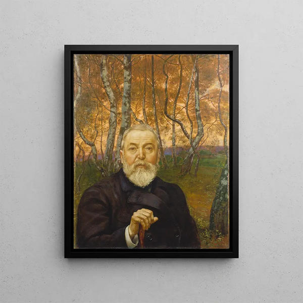 Self-portrait in front of a birch forest - Hans Thoma — framed artwork on a wall