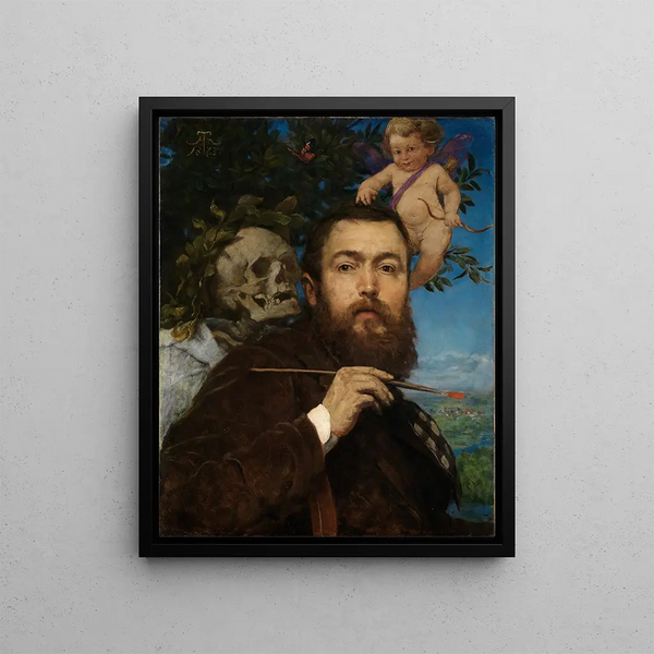 Self-portrait with Cupid and Death - Hans Thoma — framed artwork on a wall