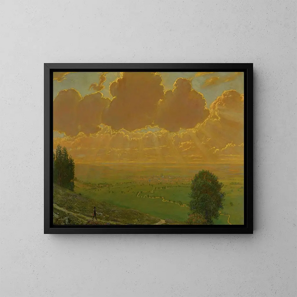 Sunbeam Painting on Sckingen, Black Forest, signed with the artist's initials and dated 1910 - Hans Thoma — framed artwork on a wall