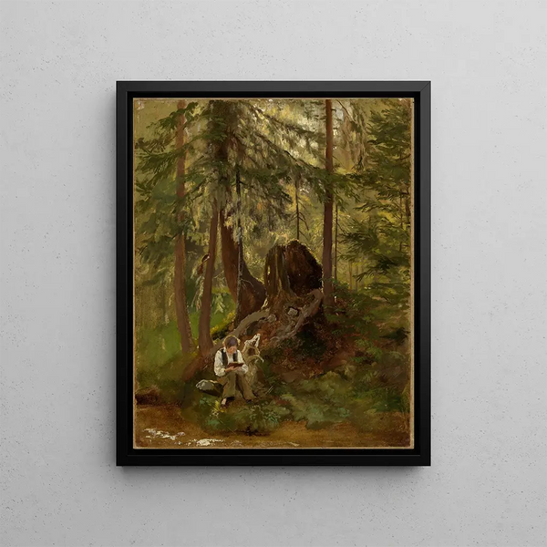 Interior forest scene with a boy reading - Hans Thoma — framed artwork on a wall