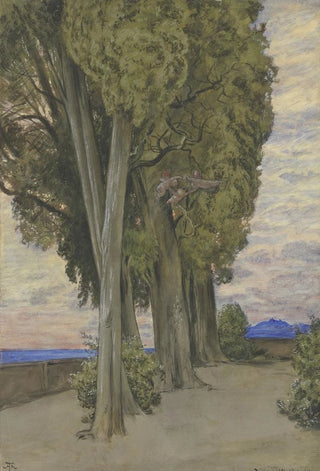 Hans Thoma - Zypressen in der Villa dEste unterhalb der Baunkronen ein Reigen drei Putten.webp