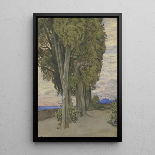 Cypress at Villa d'Este under the treetops a round of three putti - Hans Thoma — framed artwork on a wall