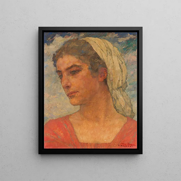Head of a woman with a scarf - Hans Unger — framed artwork on a wall