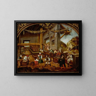 Harvesting grapes and wine making, September of a work cycle of the months - Hans Wertinger — framed artwork on a wall