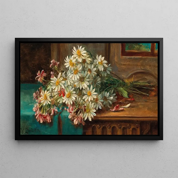 A bouquet of daisies - Hans Zatzka — framed artwork on a wall