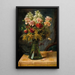 a bouquet of flowers with tulips and carnations in a glass vase with butterfly - Hans Zatzka — framed artwork on a wall