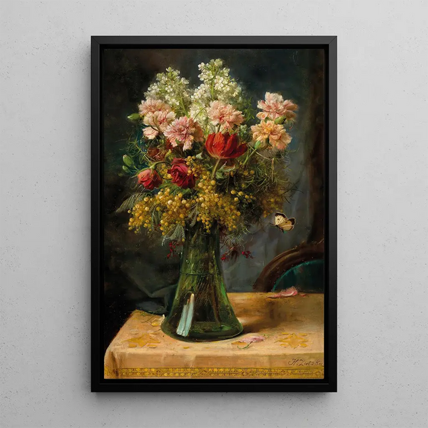 a bouquet of flowers with tulips and carnations in a glass vase with butterfly - Hans Zatzka — framed artwork on a wall