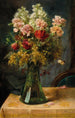 a bouquet of flowers with tulips and carnations in a glass vase with butterfly - Hans Zatzka — artwork view