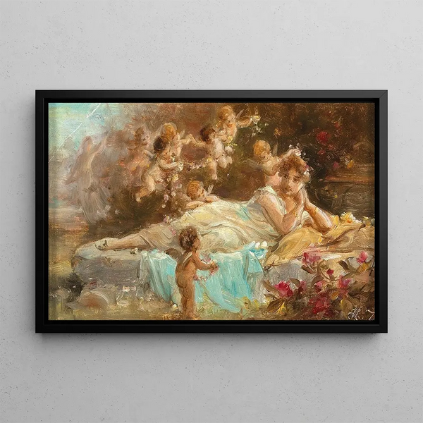 Young woman lying down with putti - Hans Zatzka — framed artwork on a wall