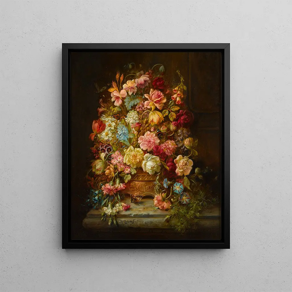 a Still Life with Flowers in a Flower Box Placed on a Windowsill - Hans Zatzka — framed artwork on a wall
